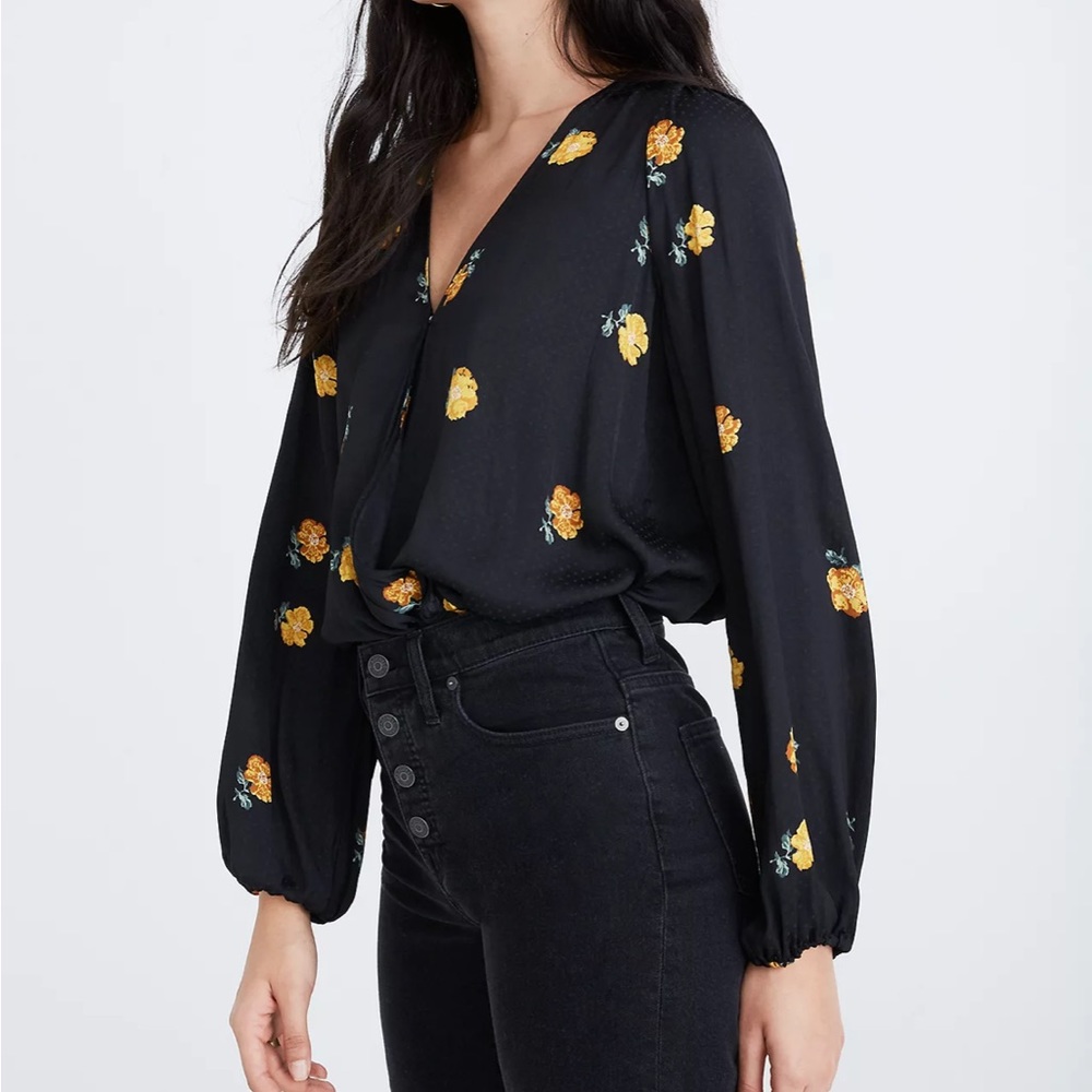 Madewell Black Yellow Bubble Sleeve Wrap Top Floating Florets Sz Small